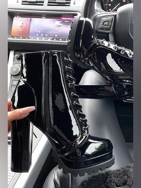 Patent Leather Black Platform Lace-Up Ankle Boots